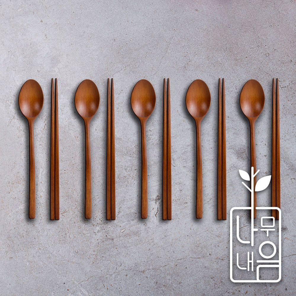 Coobinox® 'Namu-Naeum' Premium Lacquered Wooden Cutlery 5-Person Set (CO-91-24) - Handmade Longan Wood Spoons & Chopsticks